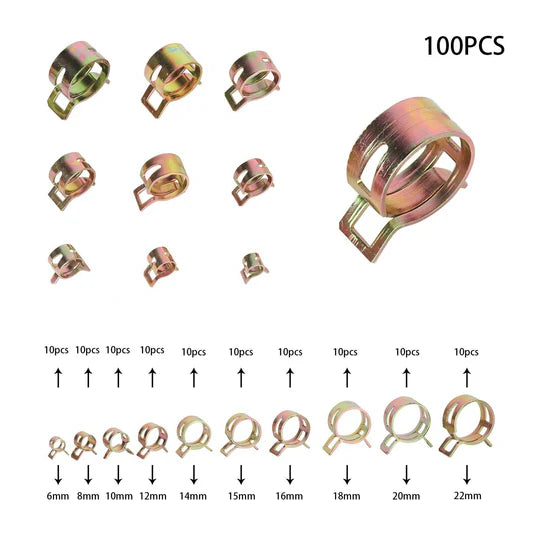 100PCS STEEL SPRING CLIP HOSE CLAMPS 6-22MM ADJUSTABLE RANGE WORM GEAR STAINLESS