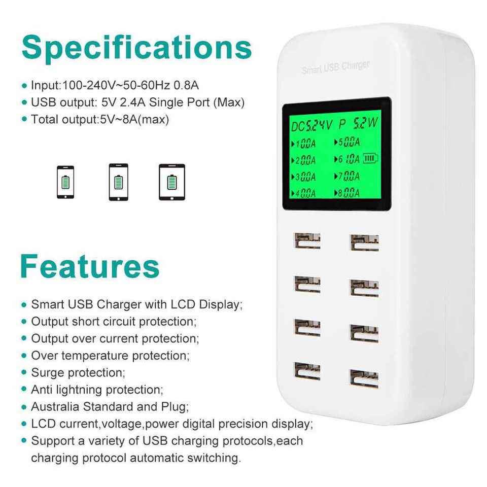 8 Port USB Desktop Wall Charger 5V/8A LCD Smart Fast Charging for Phone Tablet