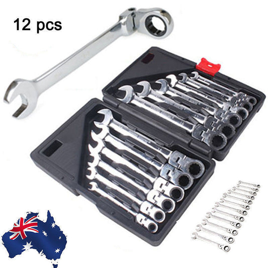 12 Pcs Metric Flexible Head Ratchet Wrench Gear Spanner 8-19mm Cr-V Steel Set