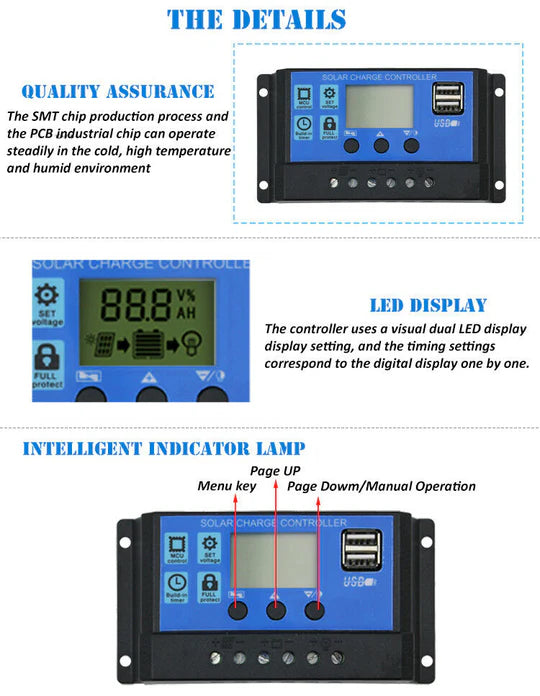 USB 20A 12V-24V Solar Panel Regulator Charge Controller