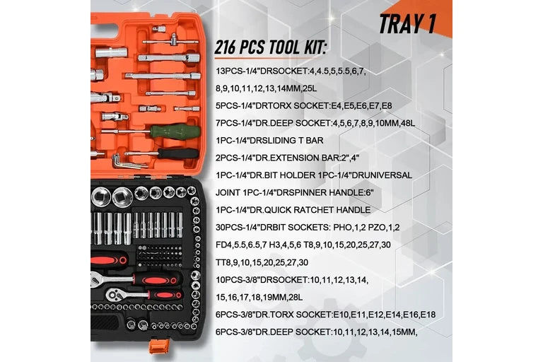 216pcs Mechanics Tool Kit Screwdriver Bit Wrench Repair Set