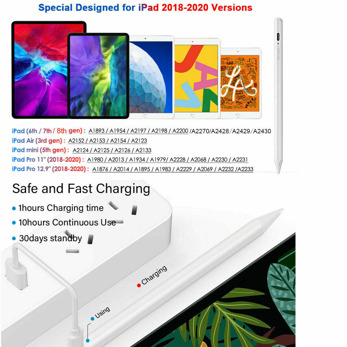 Pencil Pen for Apple iPad 6th/7th/8th/Mini 5th/Pro 11&12.9''/Air 3rd Gen Stylus