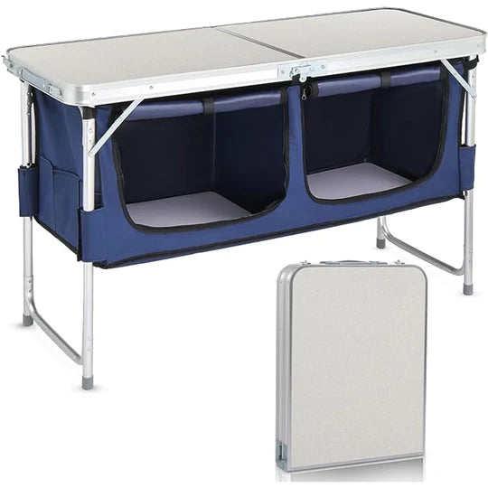 FOLDING TABLE ADJUSTABLE HEIGHT PORTABLE CAMPING TABLE WITH STORAGE CARRY HANDLE