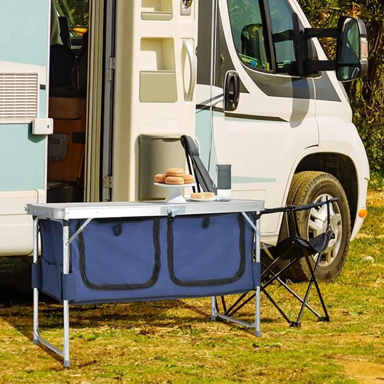 FOLDING TABLE ADJUSTABLE HEIGHT PORTABLE CAMPING TABLE WITH STORAGE CARRY HANDLE