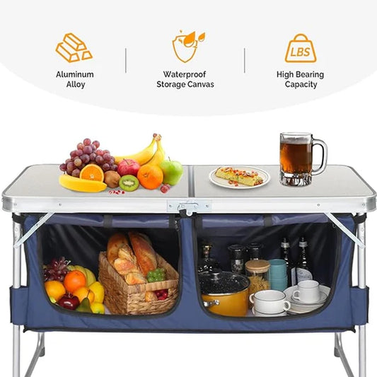 FOLDING TABLE ADJUSTABLE HEIGHT PORTABLE CAMPING TABLE WITH STORAGE CARRY HANDLE