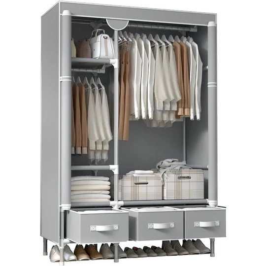 Portable Clothes Closet Rolling Door Wardrobe with Hanging Rack Non-Woven Fabric Storage Organizer