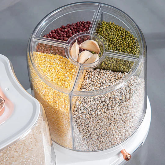 ROTATING RICE DISPENSER STORAGE CONTAINER FOR BARLEY MUNG BEANS