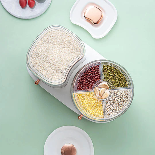 ROTATING RICE DISPENSER STORAGE CONTAINER FOR BARLEY MUNG BEANS