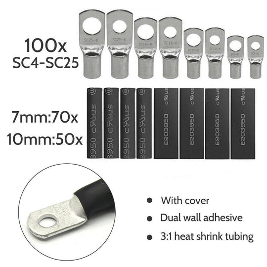 100pc/170pc/220pc Tinned Battery Copper Cable Lugs Crimp Terminals Kits Wire Connector Set