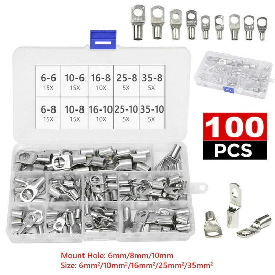 100pc/170pc/220pc Tinned Battery Copper Cable Lugs Crimp Terminals Kits Wire Connector Set