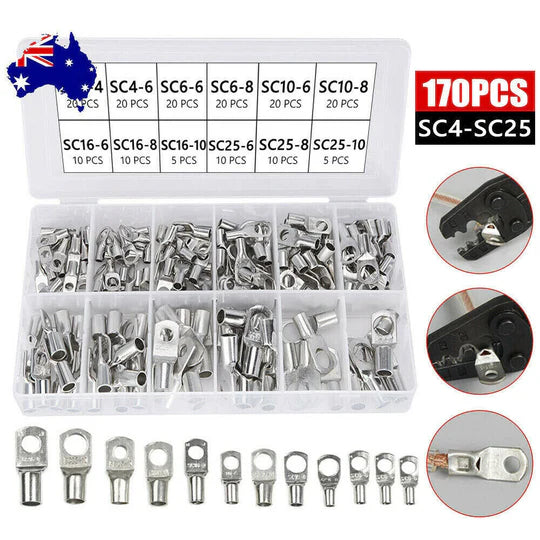 100pc/170pc/220pc Tinned Battery Copper Cable Lugs Crimp Terminals Kits Wire Connector Set