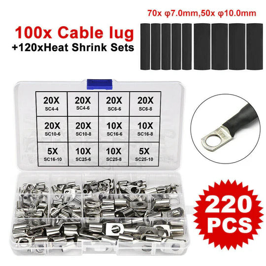 100pc/170pc/220pc Tinned Battery Copper Cable Lugs Crimp Terminals Kits Wire Connector Set