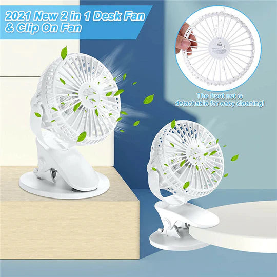 PORTABLE DESK FAN MINI USB RECHARGEABLE QUIET COOLER TABLE CLIP PRAM COOLING