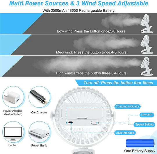 PORTABLE DESK FAN MINI USB RECHARGEABLE QUIET COOLER TABLE CLIP PRAM COOLING