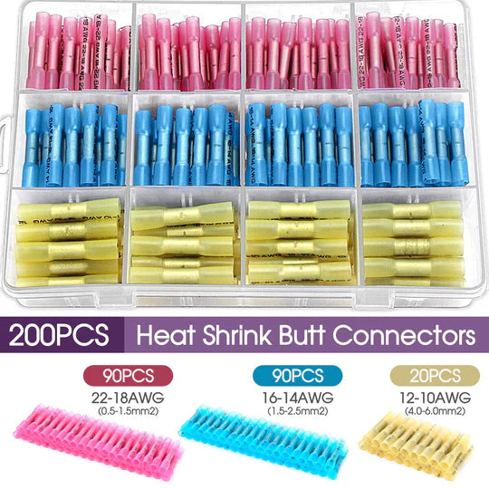 200PCS WATERPROOF HEAT SHRINK BUTT WIRE CRIMP CONNECTORS INSULATED TERMINALS SET