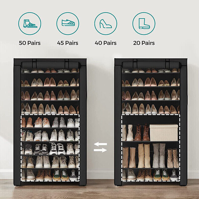 10 Tier Shoe Rack Portable Storage Cabinet Organiser Wardrobe Black Cover