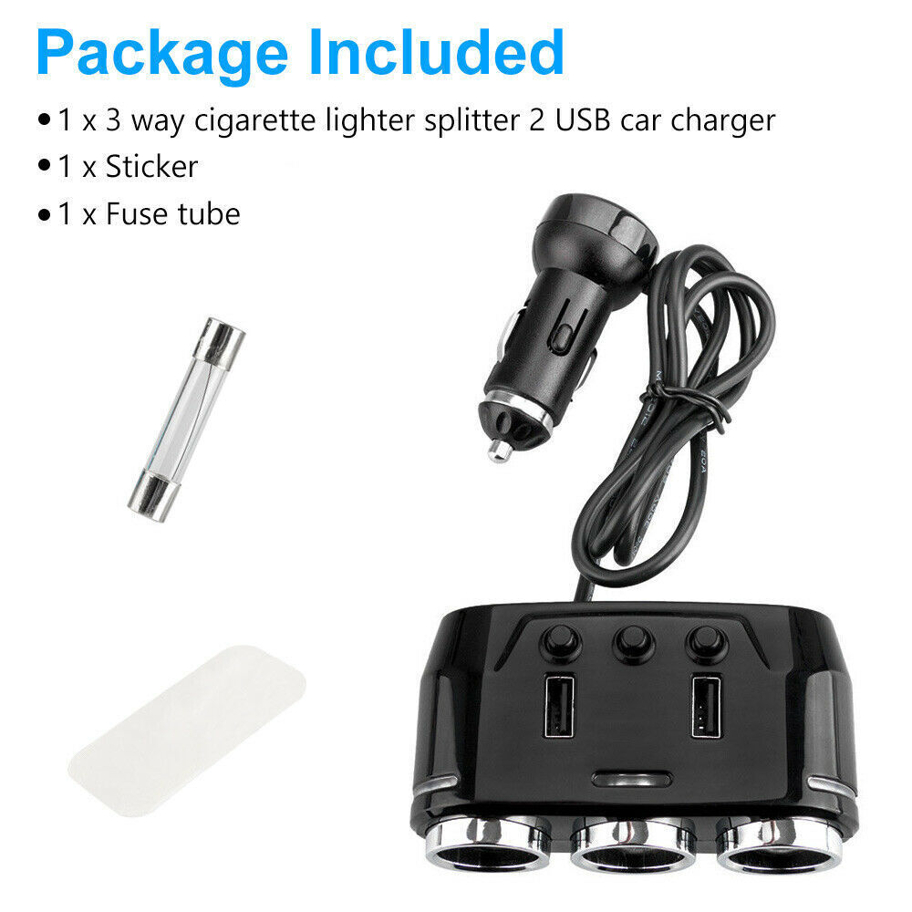 Three Way 12V Multi Socket Car Lighter Splitter Dual USB Charger Adapter