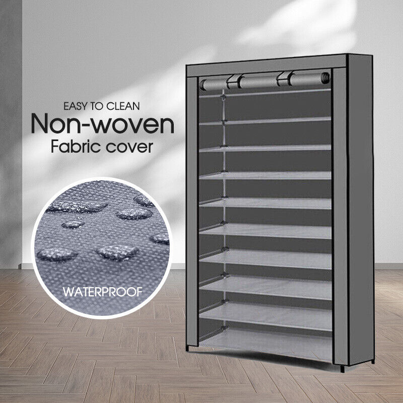 10 Tier Shoe Rack Portable Storage Cabinet Organiser Wardrobe Black Cover