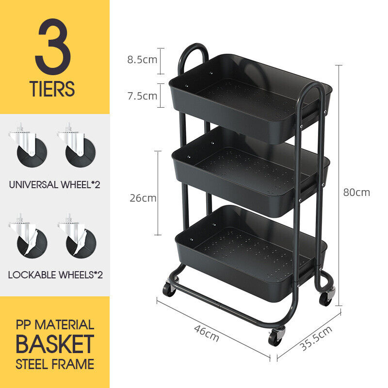 3 Tiers Kitchen Storage Trolley Cart Steel Rack Shelf Organiser Wheels