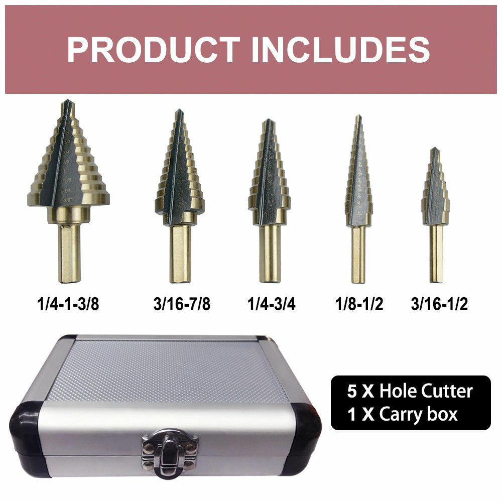 5PCS HSS Step Steel Cone Drill Titanium Bits Set Kit Hole Cutter+Aluminum Case