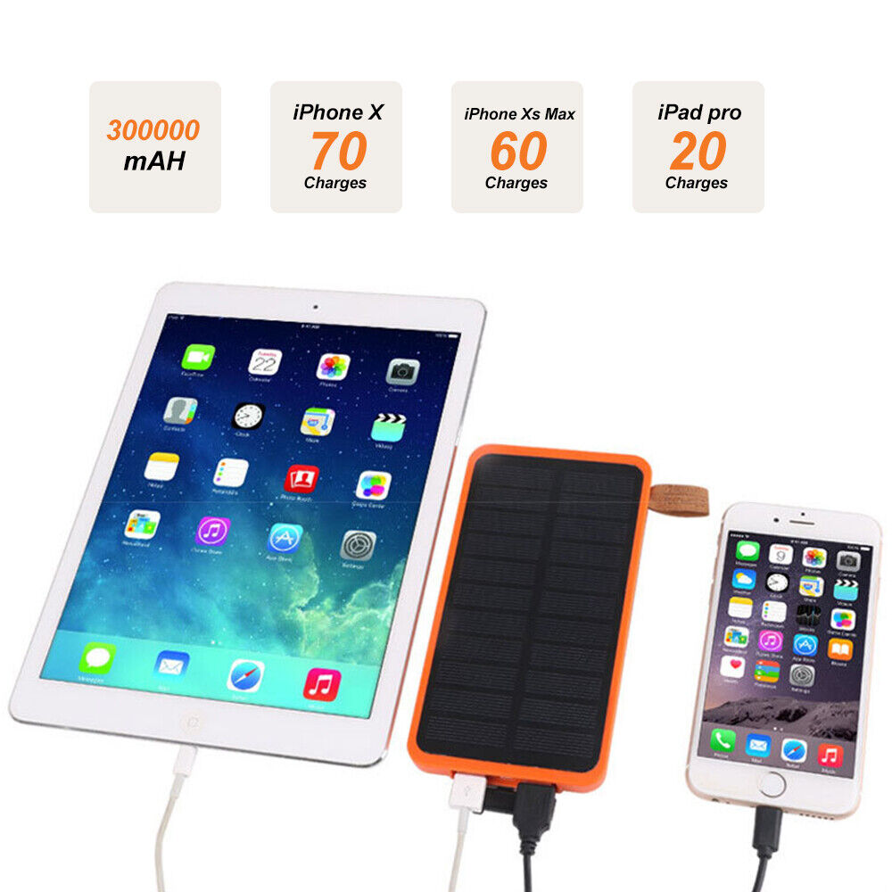 300000mAh Waterproof Portable Solar Charger Dual USB External Battery Power Bank