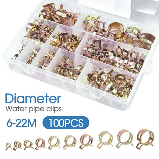 100PCS STEEL SPRING CLIP HOSE CLAMPS 6-22MM ADJUSTABLE RANGE WORM GEAR STAINLESS