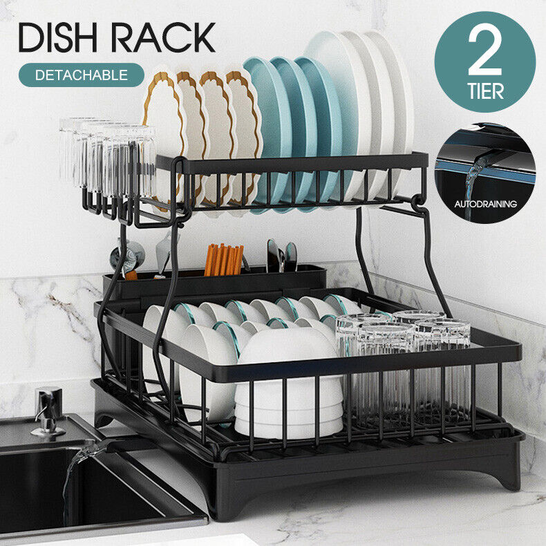 Detachable Dish Drying Rack 2 Tier Drainboard Cutlery Drainer Organizer