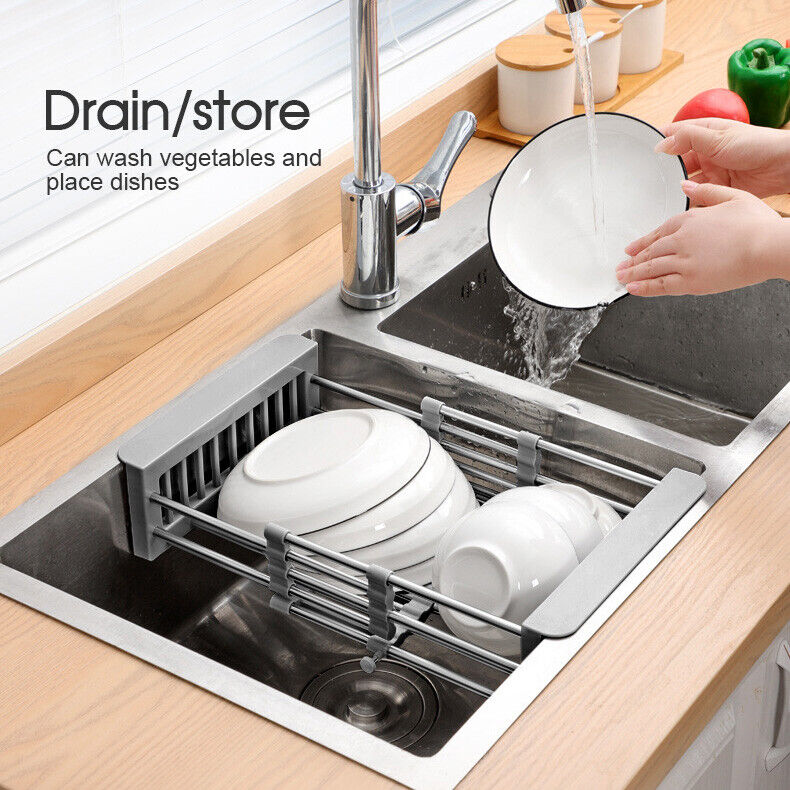 Stainless Steel Storage Sink Drain Basket Dish Drying Rack Kitchen Organizer