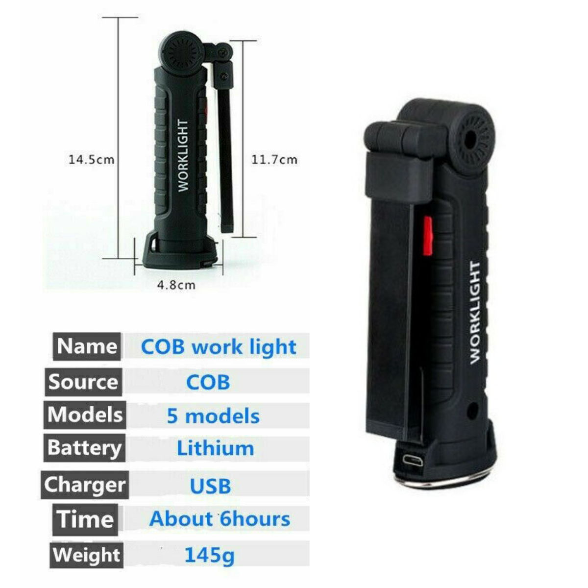Rechargeable COB LED Hand Torch Flashlight Work Light Cordless Magnetic