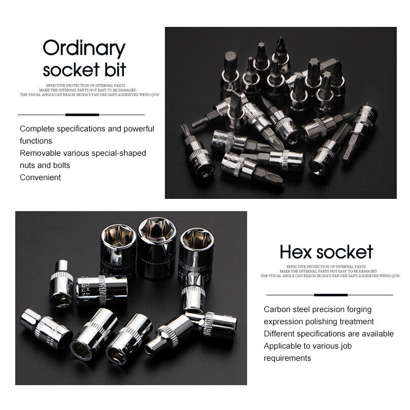 53PCS Deep Socket Set Metric Wrench CRV 1/4" Drive Flexible Extension Bar Tools