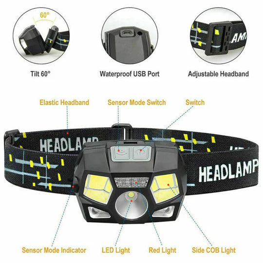 LED HEAD TORCH HEADLIGHT COB CAMPING HEADLAMP USB RECHARGEABLE FLASHLIGHT LAMP