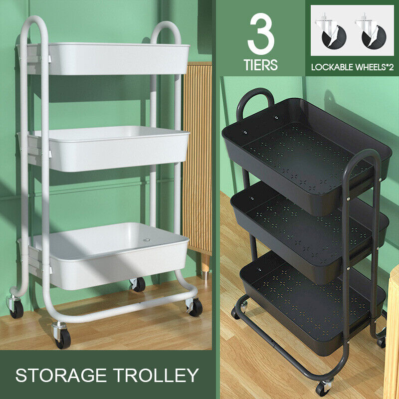 3 Tiers Kitchen Storage Trolley Cart Steel Rack Shelf Organiser Wheels