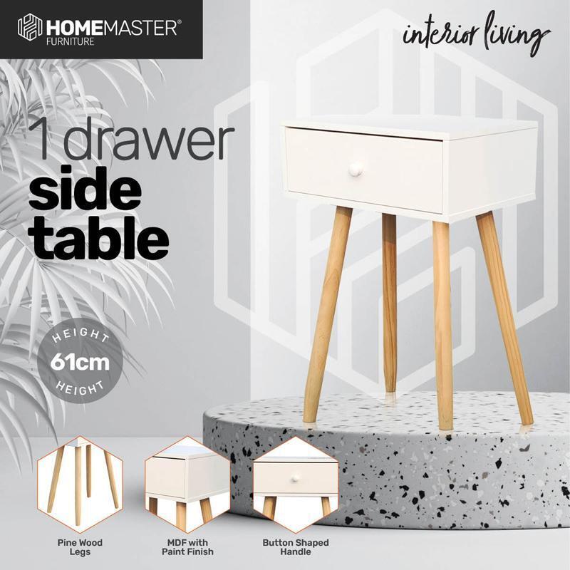 Side Table 1/2 Drawer Grey With Natural Wood Handle