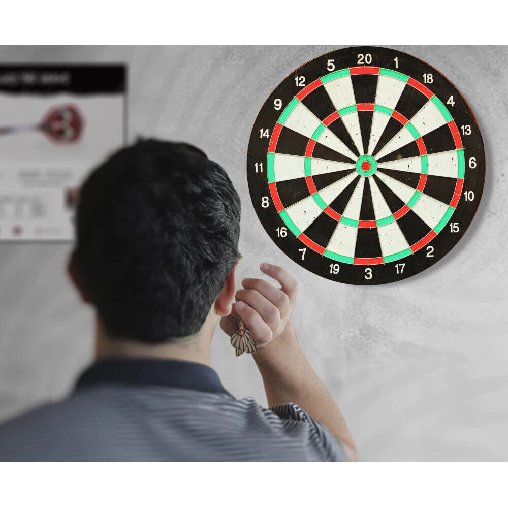 Dart Board Set Wooden Dartboard + 6 Darts Green & Red Man Cave Competitive Game