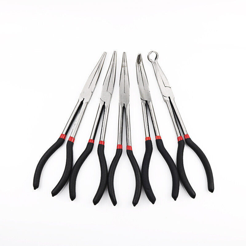 5X 280mm 11'' Long Reach Nose Pliers Set Straight Bent Tip Mechanic Hose Gripper
