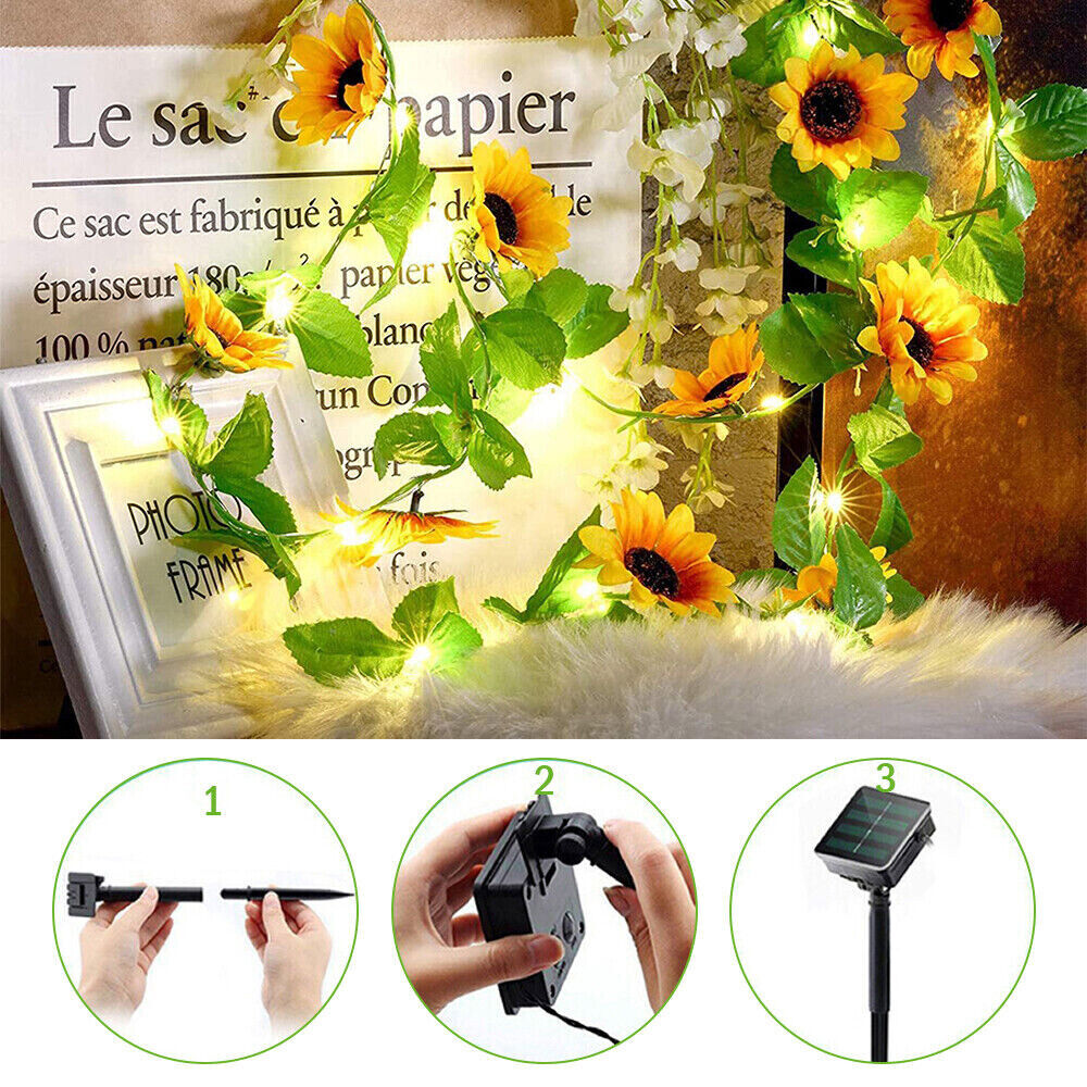 10M 100LED Solar Sunflower Fairy String Lights Home Garden Outdoor Wall Lamp