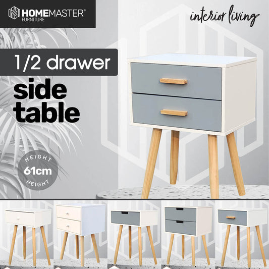 Side Table 1/2 Drawer Grey With Natural Wood Handle