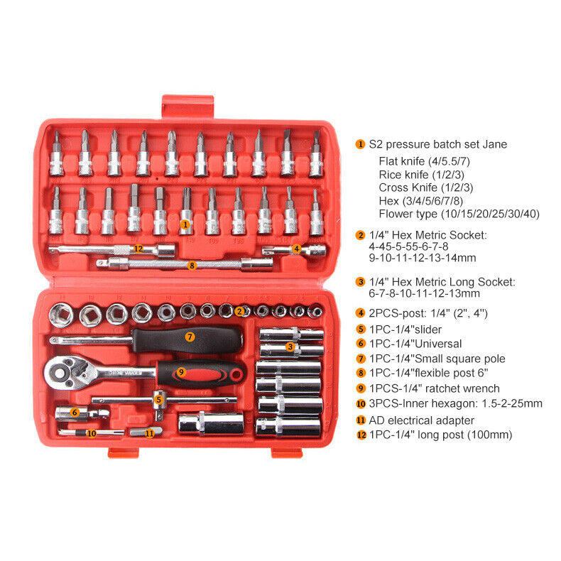 53PCS Deep Socket Set Metric Wrench CRV 1/4" Drive Flexible Extension Bar Tools