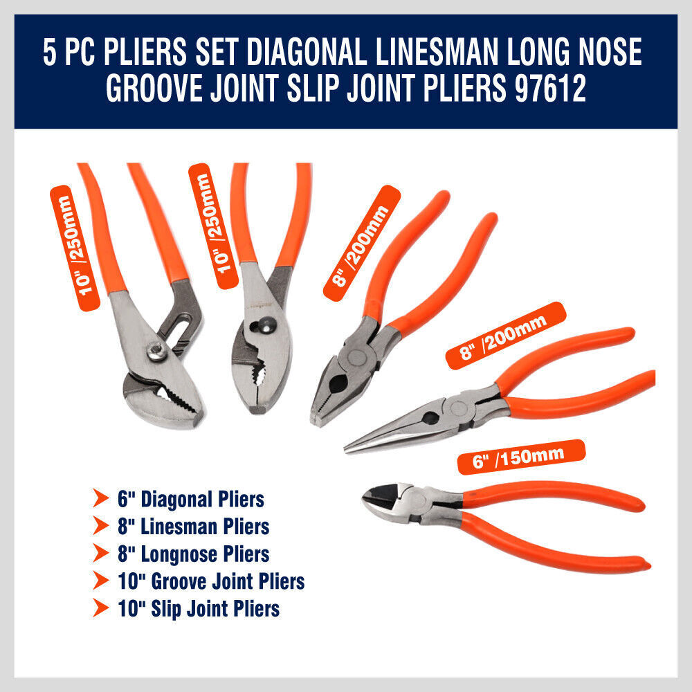 5Pc Plier Set Multi Use Diagonal Linesman Long Nose Groove Joint Slip Joint Tool