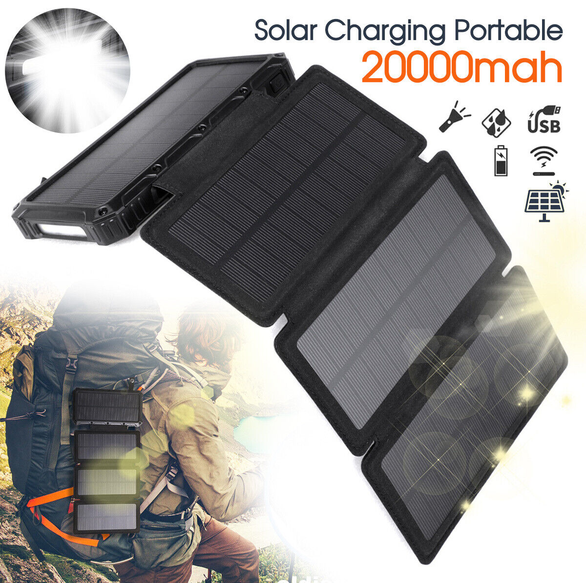 Solar Charging Portable 20000mAh QI Wireless Power Bank Folding panel For Phone