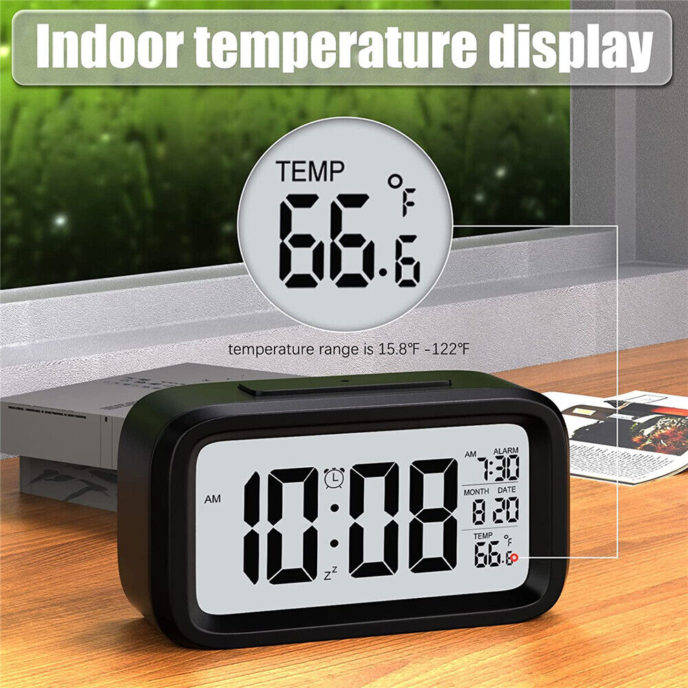 Digital Bedside Table LED Snooze Alarm Clock Time Temperature Day/Night Date