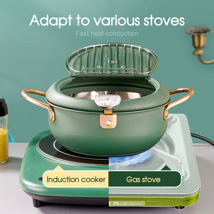 Japanese Deep Frying Pot with Thermometer Non-stick Tempura Fryer Pan 24m Green