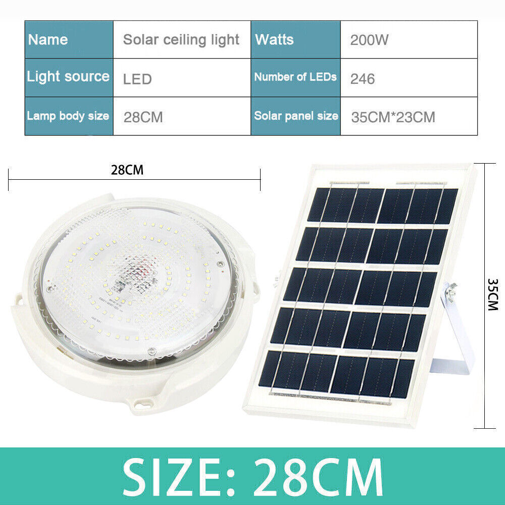 Solar Powered 28cm LED Ceiling Light Bedroom Garden Garage Shed Tent Lamp