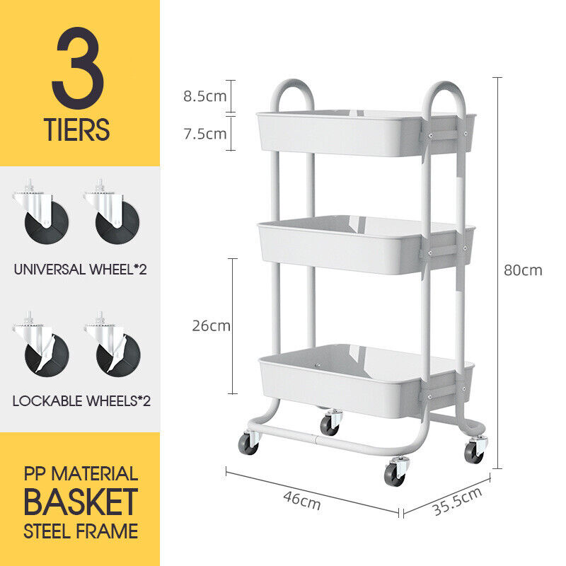 3 Tiers Kitchen Storage Trolley Cart Steel Rack Shelf Organiser Wheels