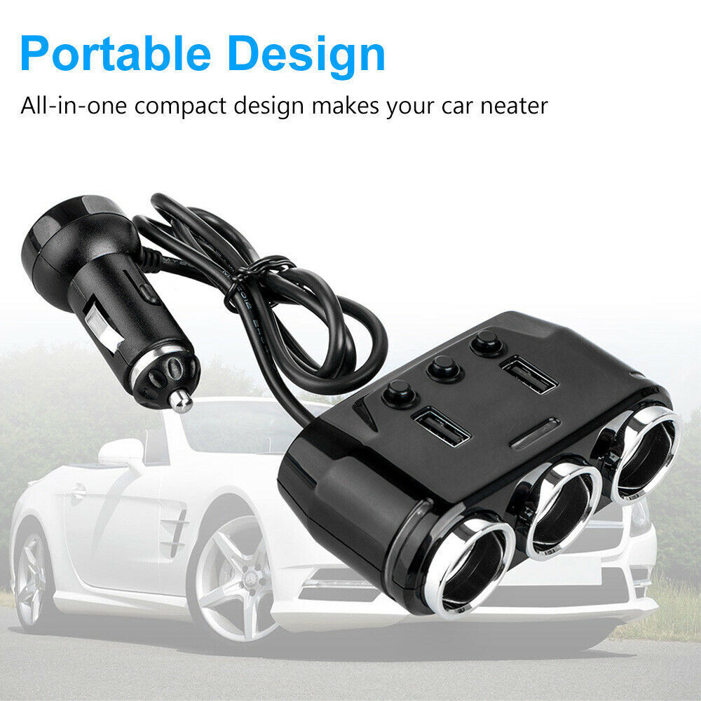 Three Way 12V Multi Socket Car Lighter Splitter Dual USB Charger Adapter