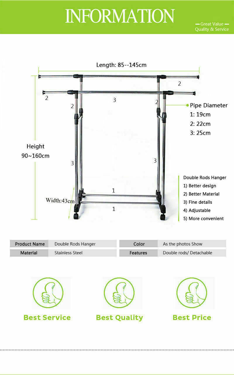 Clothes Rack Double Stainless Shelf Hanger Garment Holder Adjustable Coat