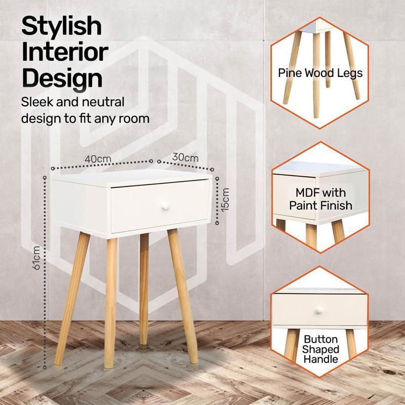 Side Table 1/2 Drawer Grey With Natural Wood Handle