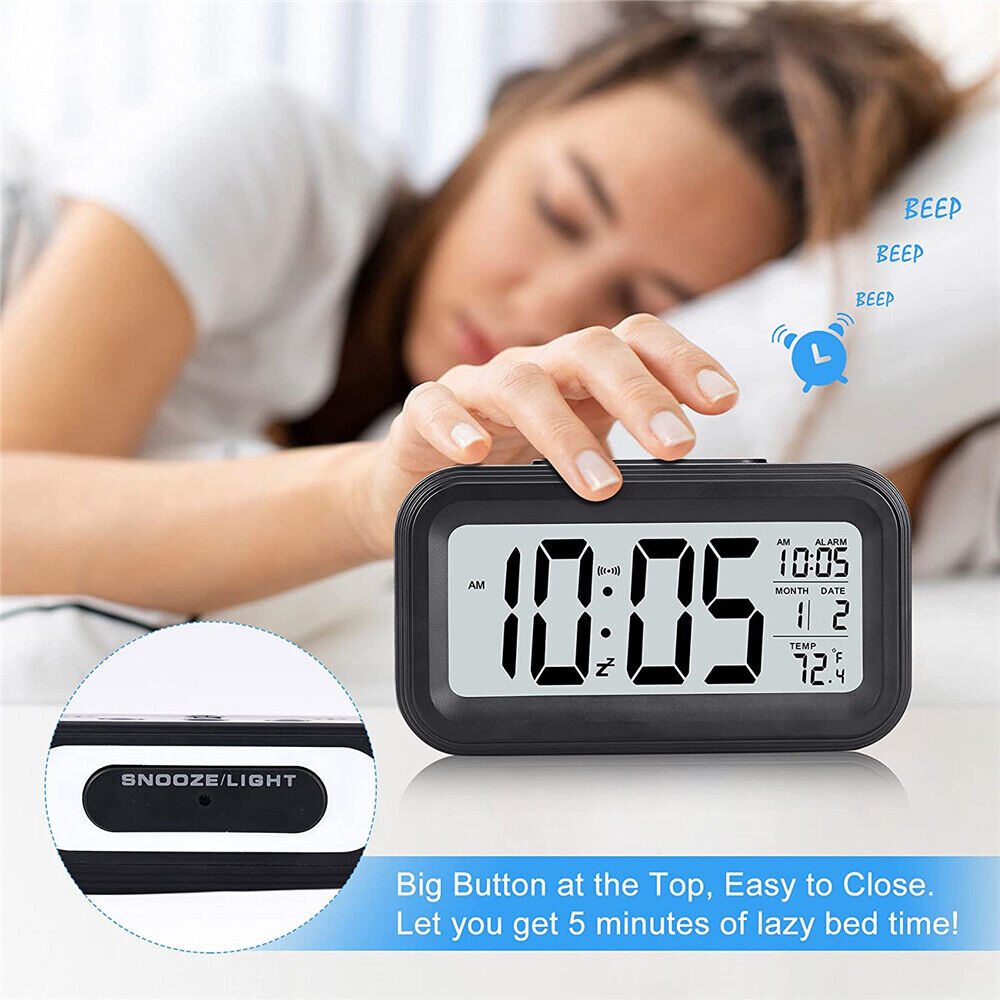Digital Bedside Table LED Snooze Alarm Clock Time Temperature Day/Night Date