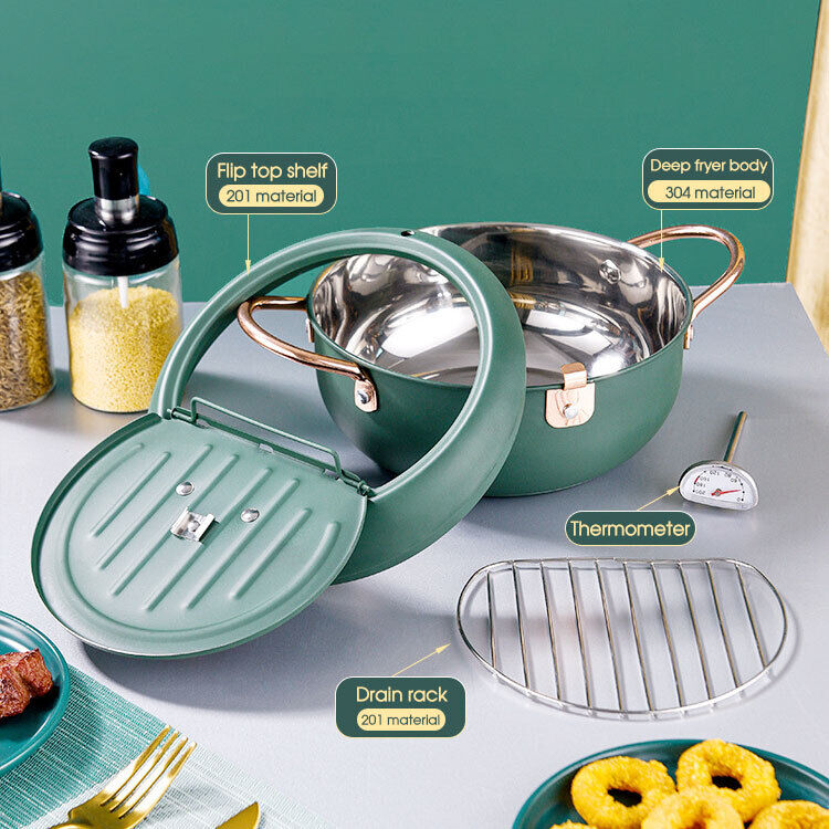 Japanese Deep Frying Pot with Thermometer Non-stick Tempura Fryer Pan 24m Green