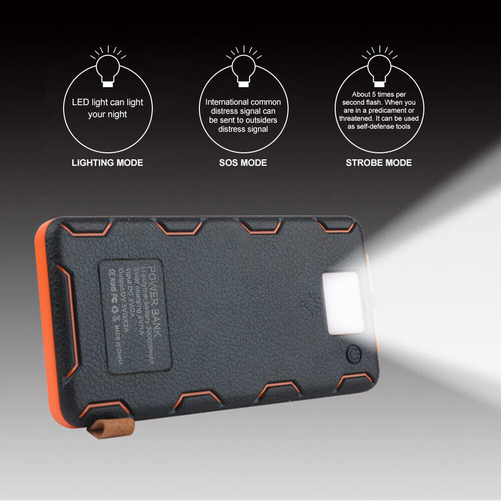 300000mAh Waterproof Portable Solar Charger Dual USB External Battery Power Bank